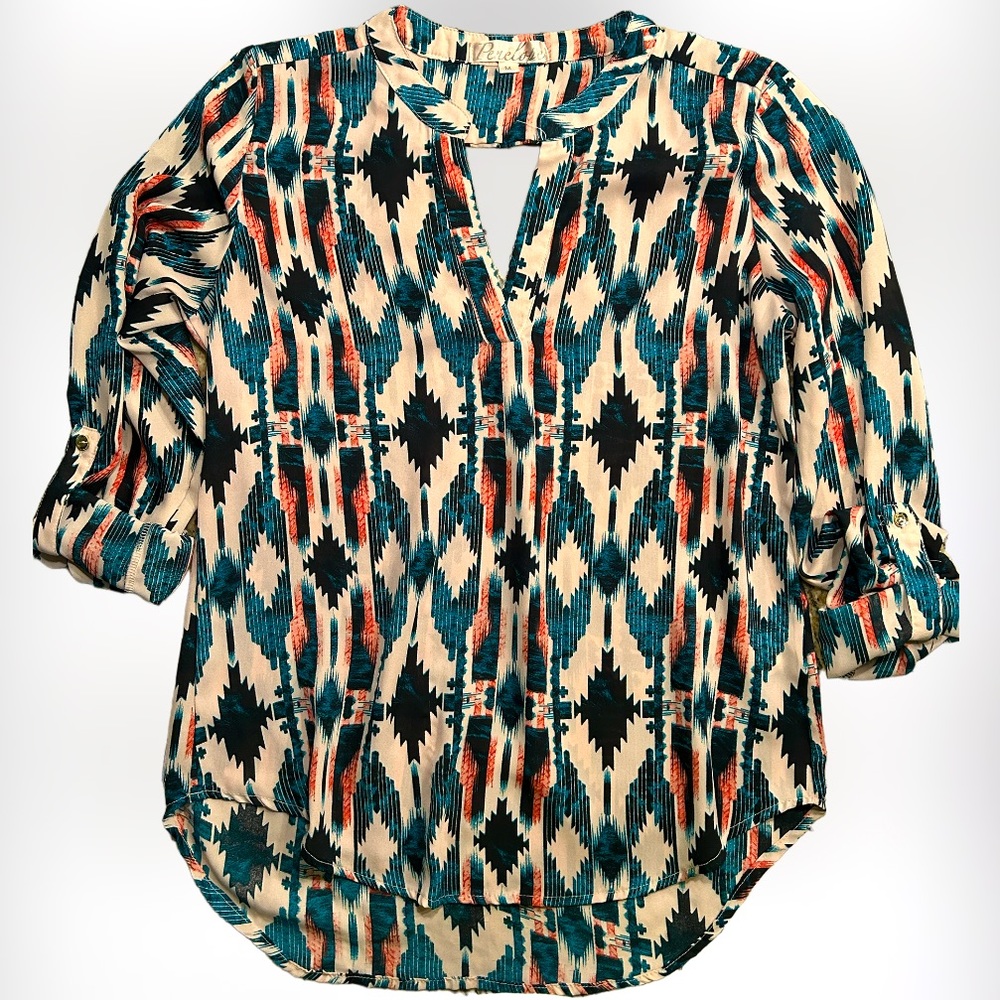 Penelope Chilvers Pretty Blue & Orange Aztec Pattern Blouse SZ M